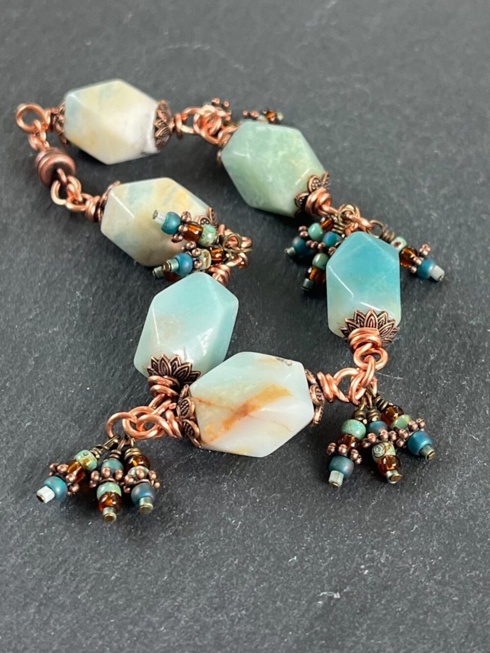 Faceted Amazonite Gemstone Bracelet | Beaded Copper Boho | Magnetic Clasp